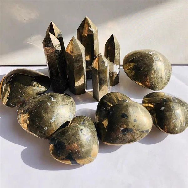 Figurines décoratives Pyrites cuivrées naturelles Patriche Crystal Crystal Six Siege Point Minerale Gemone Obelisk Home Art Decoration Reiki Chakra