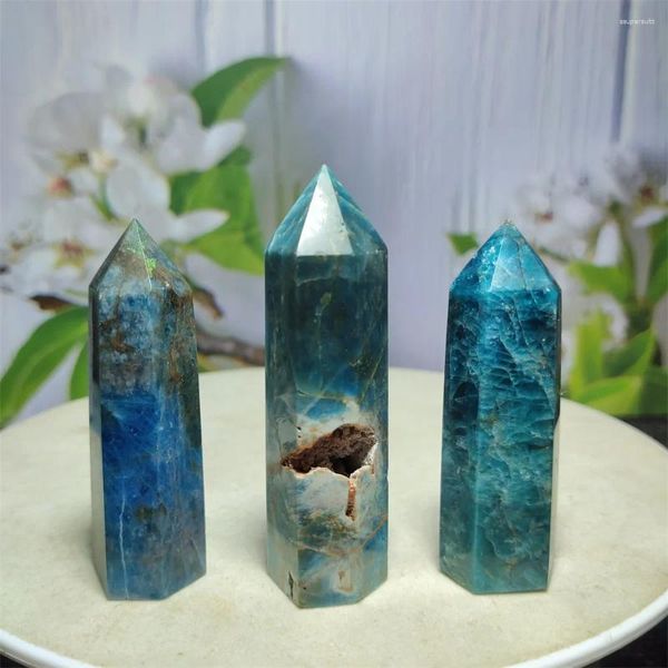 Figuras decorativas Cristal natural Apatita azul Piedra preciosa pulida Columna de obelisco hexagonal Varita de cuarzo Meditación Curación Decoración del hogar