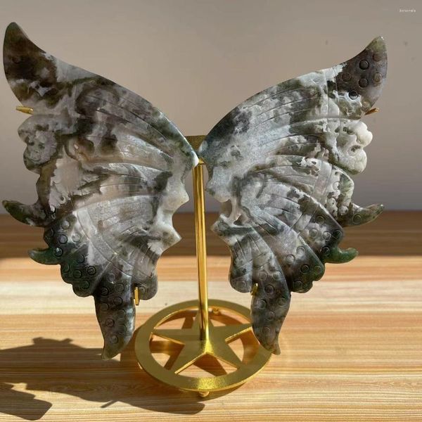 Figurines décoratives, mousse d'énergie naturelle, cristal d'agate, ailes de papillon sculptées à la main, accessoires cadeaux de décoration pour la maison, support à Quartz