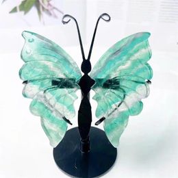 Figuras decorativas Alas de mariposa de fluorita natural Tallado de manualidades de cristal Healing Gemstone Girl Cumpleaños Presente del hogar 1 Pair