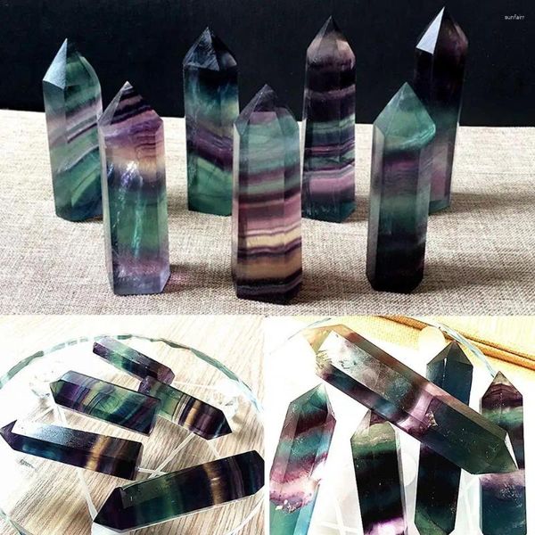 Figurines décoratives en cristal de Fluorite naturel, pierre de Quartz rayée colorée, traitement de baguette hexagonale de guérison
