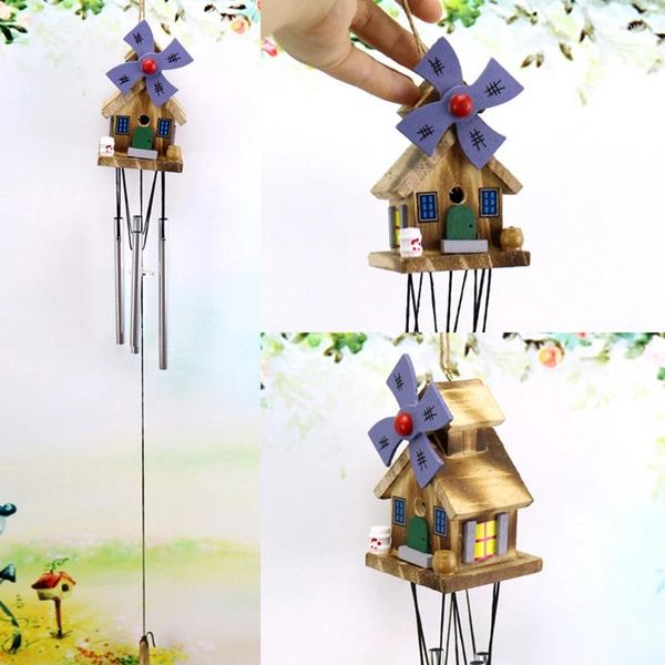 Figuras decorativas Campana de metal de metal de viento de madera hecha a mano para el jardín para el hogar