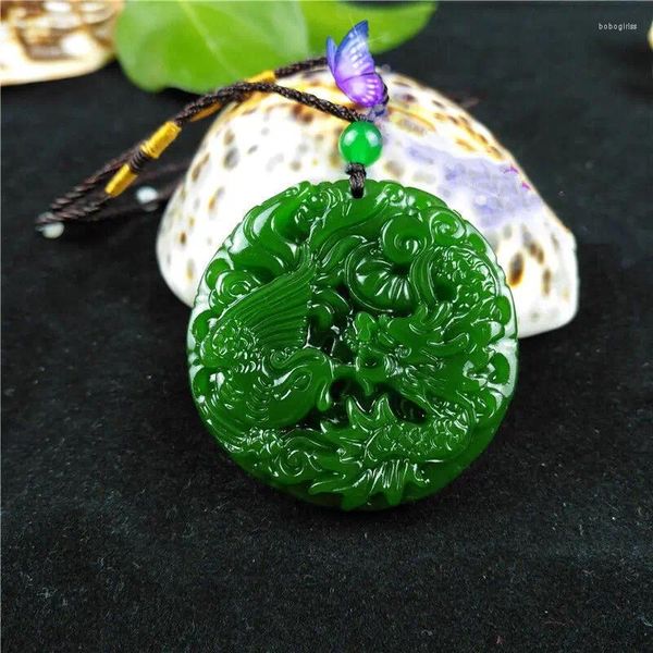 Figurines décoratives Natural Jade Dragon Phoenix Collier pendentif sculpté à la main amulette