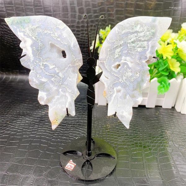 Figuras decorativas Ágata de musgo natural Alas de mariposa Cristal con soporte Piedra preciosa energética Reiki Curación Fengshui Piedra Decoración del hogar 1 par