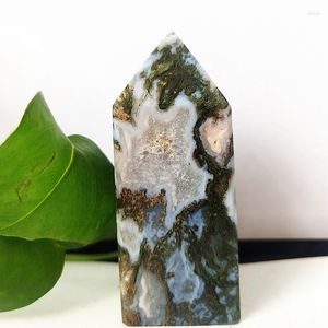 Decoratieve beeldjes Natuurlijke mos agaat kristallen toren Wand Point Stone Obelisk Room Decoratie Water gras Aquarium ornamenten Wicca genezing