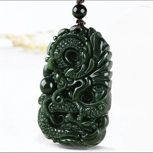 Decoratieve beeldjes natuurlijke nefriet cyaan jade ketting hanger Chinese draken man en vrouw handgesneden nek ornament sieraden ch