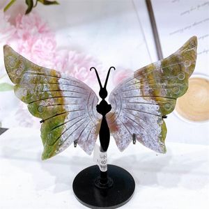 Figurines décoratives en jaspe d'océan naturel, ailes de papillon, Mini artisanat en cristal, pierres précieuses de guérison, cadeau d'anniversaire pour fille, décoration de la maison, 1 paire