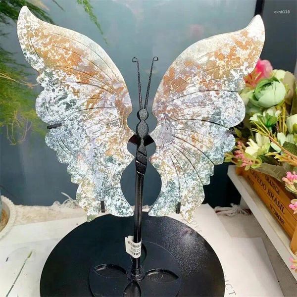 Figuras decorativas Cuarzo rosa púrpura natural Ágata de musgo Alas de mariposa Tallado Artesanía curativa Regalo Decoración del hogar Cumpleaños 1 par