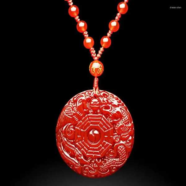 Figurines décoratives Agate rouge naturelle sculptée à la main huit diagrammes avec DragonPhoenix pendentif en jade porte-bonheur collier amulette boîte-cadeau gratuite