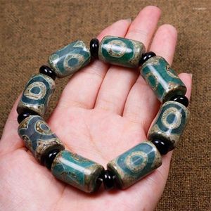 Figuritas decorativas, ágata de piedra Natural, pulsera de cuentas Dzi de tres ojos, budista tibetano, verde, joyería de meditación de Jade para hombres y mujeres