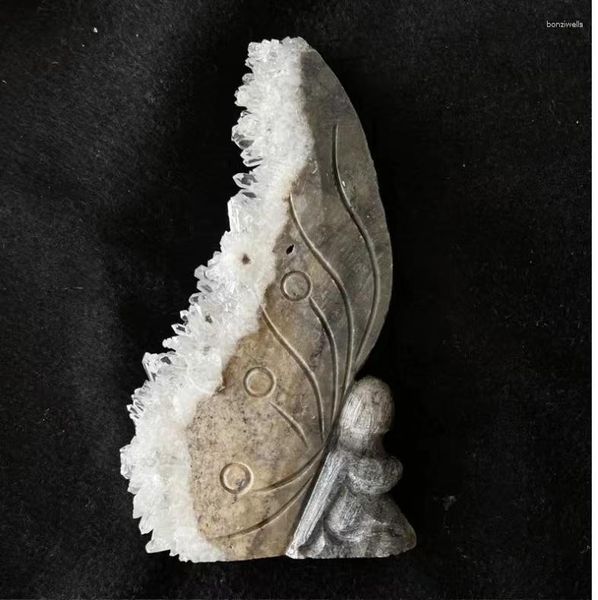 Figuras Decorativas Piedra Natural Animal Cristal Mariposa Escultura Hada De Las Flores Estatua De Racimo De Cuarzo Transparente 3,5 Pulgadas para Decorar 1 Pieza
