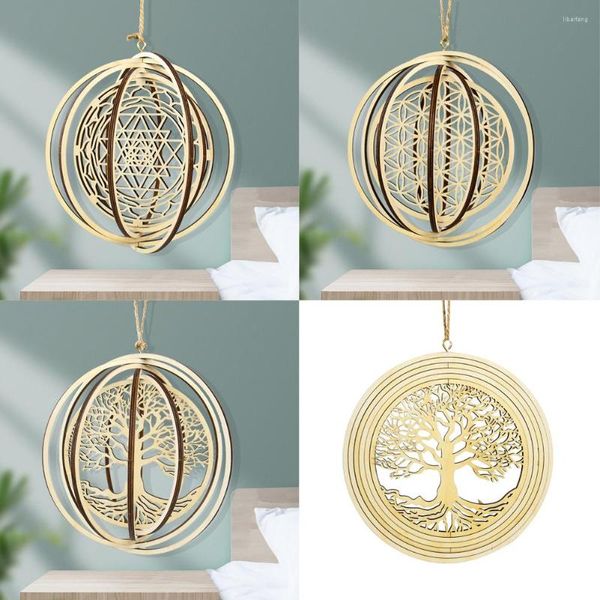 Figurines d￩coratives en bois naturel sculpture laser arbre de vie des fleurs mandala effet st￩r￩oscopique rotation carills de vent paillettes en rotation