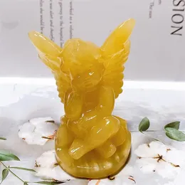 Figuras decorativas Amarillo natural Calcita Angel Cristal Tallado Curación Cumpleaños Presente Energía Fengshui Decoración del hogar Vacator