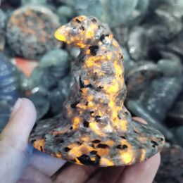 Figurines décoratives en pierre Yooperlite naturelle sculptée, chapeau de sorcellerie, flamme polie, cristal magique pour décoration d'halloween