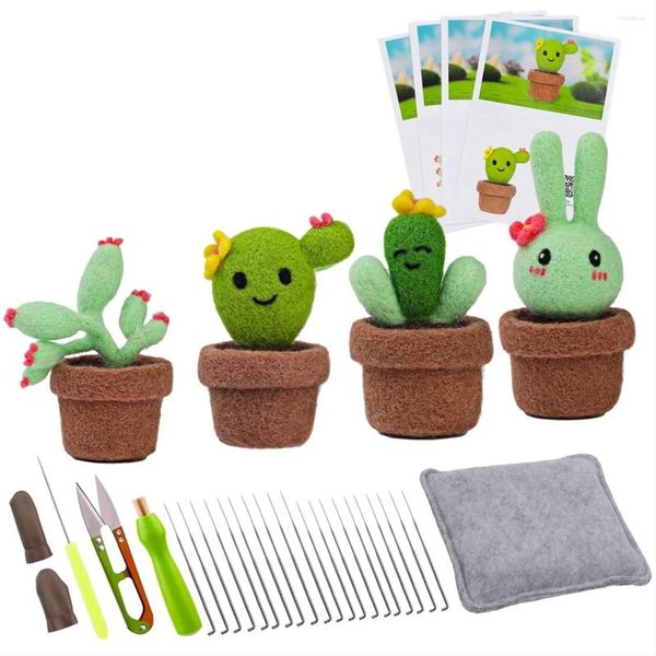 Figuras decorativas Kit de fieltro de aguja para principiantes 4 piezas lindas de lana de cactus set con instrucciones de almohadilla