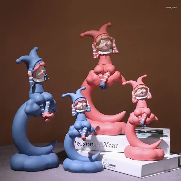 Figurines décoratives Nordique Créatif Clown Lune Ornement Mignon Fille Résine Sculpture Modèle Art Abstrait Personnage Figurine Cadeau Artisanat Décor