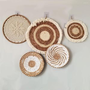 Decoratieve beeldjes Noordse stijl Ins Straw Rattan Wanddecor Ronde mand Decoratie Crafts Hangend frame ornament