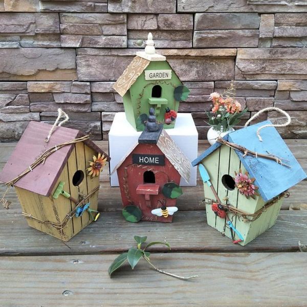 Figurines décoratives objets maison d'oiseau cage à oiseaux peinture jardin extérieur suspendu chalet mangeoire nid artisanat
