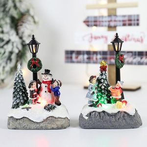Figurines décoratives Objets de Noël miniatures en résine, sculpture de maison de village avec éclairage LED, figurine de construction, ornements de maison, vacances