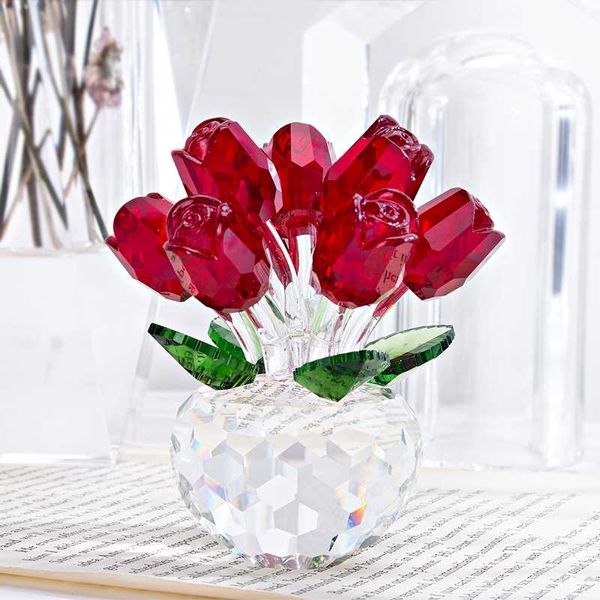 Figurines décoratives objets HD cristal rouge Rose Figurine Art verre printemps Bouquet rêves ornement maison mariage décor Souvenir Collec