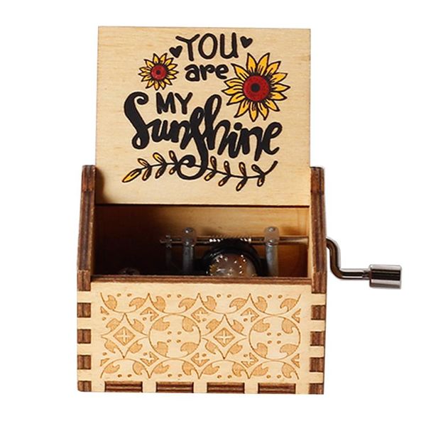 Figuras decorativas Objetos Caja de música de color con manivela Flor del sol/Canción temática You Are My Sunshine/Caja tallada en madera/Cumpleaños Regalo de Navidad