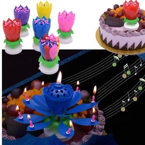 Decoratieve beeldjes Objecten Roteren Happy Birthday Party Candle Zingen Dubbele laag Musical Lotus Flower Cake Light Lamp Decoratie blik