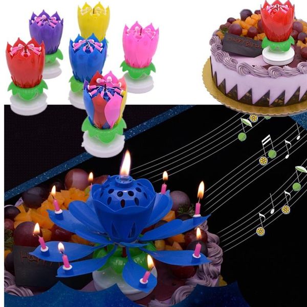 Figuritas decorativas Objetos Rotación Fiesta de feliz cumpleaños Vela Canto Doble capa Musical Flor de loto Pastel Luz Lámpara Decoración Puede