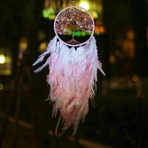 Decoratieve beeldjes Objecten Tree of Life Dream Catcher Handgemaakte Veer Purple Pink Catchers For Kids Girls Room Decoratie Home Decor WI WI