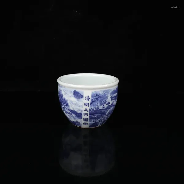 Figuras decorativas Viejos río pintado a mano de porcelana azul y blanco en el Qingming Festival Cup Collection Ornaments