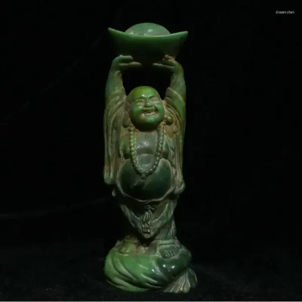 Figuritas decorativas antiguo chino Natural Jade VERDE tallado riqueza feliz risa estatua de Buda Maitreya