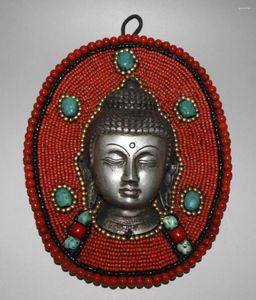 Figurines décoratifs anciens tibet argent mosaïque turquoise corail rouge sakyamuni bouddha statue décoration suspendue décoration en métal artisanat