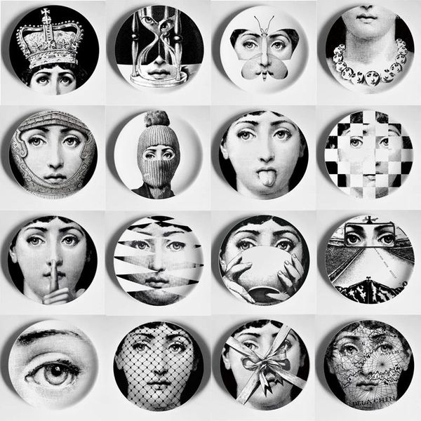 Figuras decorativas Plato blanco/negro puro Diseño creativo de rostro humano Moda Platos de estilo europeo Cerámica Platos artísticos para colgar en la pared