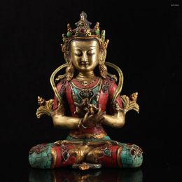 Decoratieve beeldjes Zeldzame Chinese antieke Tibet-tempel Zuiver koper ingelegd juweeltje King Kong Boeddhabeeld