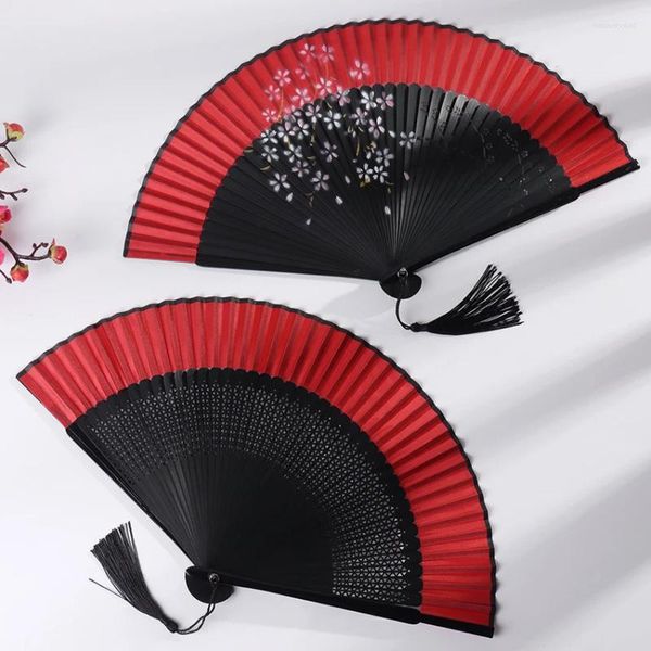 Figurines décoratives rouge noir tenu à la main en bambou éventail pliant danse chinois japonais charmant élégant Vintage Style rétro cadeaux pour femmes