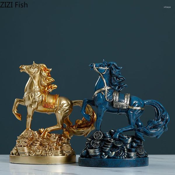 Figurines décoratives Résine Animal Figurine Ornements Cheval Doré Feng Shui Chanceux Décoration Étude Bureau Ameublement Vintage Décor À La Maison