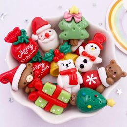 Figuritas decorativas Resina Kawaii Coloridos árboles de Papá Noel Oso Muñeco de nieve Campanas Piedra plana Figura navideña de dibujos animados 10PCS Álbum de recortes DIY