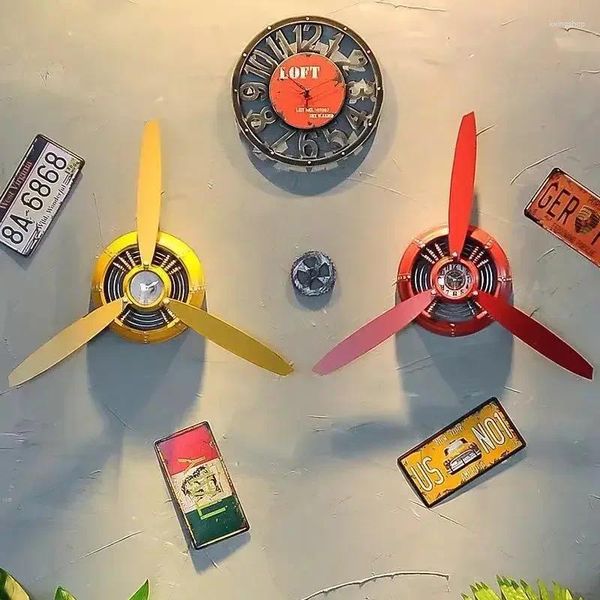 Figurines décoratines rétro style industriel propeller horloge avion en fer forgé mur art décoration suspendue barre d'internet décoration intérieure