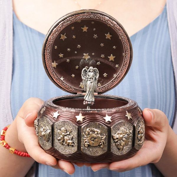 Figurines d￩coratines Retro Music Box Vintage 12 Bronze Constellation Bo￮tes musicales LED ￉clairage LED Birthday