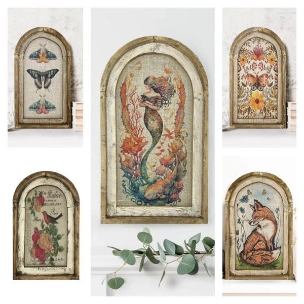 Figurines décoratives Rétro mur art bois encadré peinture de couleur papillons fleurs arche de conception images plaque ornements de maison artisanat
