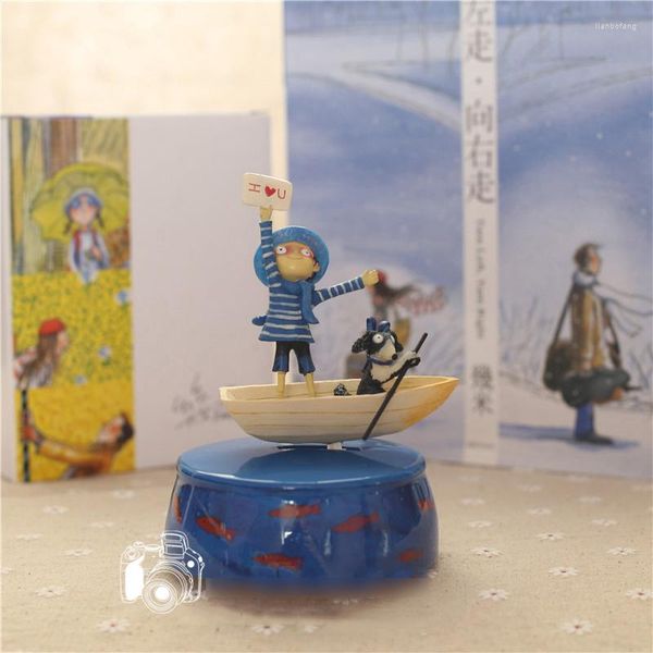 Figurines décoratives Boîte à musique rotative romantique Chiot Bateau Boîtes à musique Rencontrer l'amour Horloge Base ronde Décoration de bureau Cadeau pour