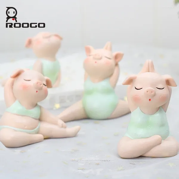 Figuras decorativas Figuras ROOGO Decoración del hogar Accesorios Yoga Pig Miniatura Linda decoración para adornos de resina Mobiliario