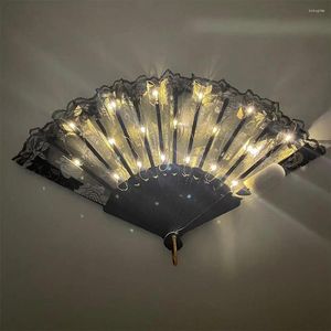 Figurines décoratives Rose motif de dentelle de ventilateur pliant avec lumière LED Élégants ventilateurs de mains lumineux pour les fêtes en costume