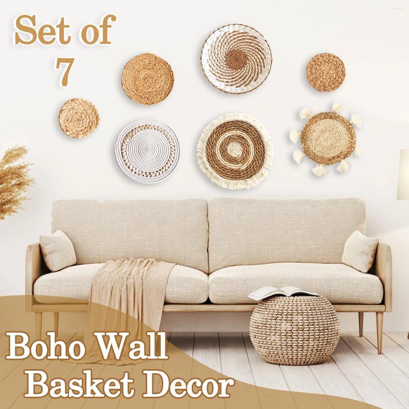 Decoratieve beeldjes Set van 7 Boho Wall Basket Decor geweven rattan zeegras decoratie handgemaakte rieten hangende rustieke boerderij