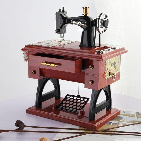 Figuras decorativas Máquina de coser Música Caja de juguete musical Vintage Mecánica Wainp Up para el año de regalo Inicio