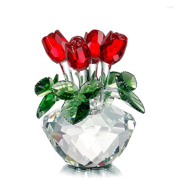 Figurines décoratines Gift souvenir cristal rouge fleur de rose rouge figurine printemps bouquet sculpture ornements cadeaux décor de mariage à la maison cadeau faveurs