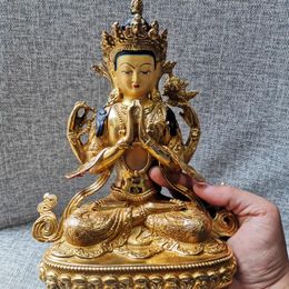 Figurines décoratives offre spéciale # bouddhisme Tibet maison famille cuivre doré à quatre bras Avalokitesvara GUAN YIN Statue de bouddha santé sûre