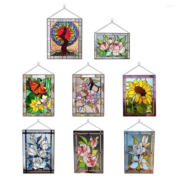 Figurines décoratives Panneau de vitrail de fenêtres magnifiques fleurs avec chaîne - style art
