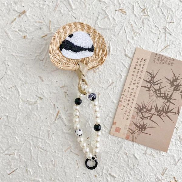 Figurines décoratives d'été tissées à la main, Panda de Style chinois, petit éventail en perles, pendentif de chaîne de téléphone