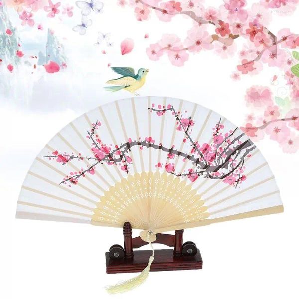 Figuras decorativas Verano Vintage Chino Abanico Plegable Flor de Ciruelo Japonés Borla Seda Bambú Mano Boda Fiesta Baile Decoración Regalo