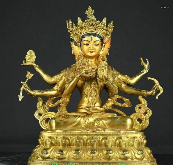 Figurines décoratives Tibet Bronze Gild Peinture Namgyalma Ushnishavijaya 3 Head 8 Arms Bouddha Statue